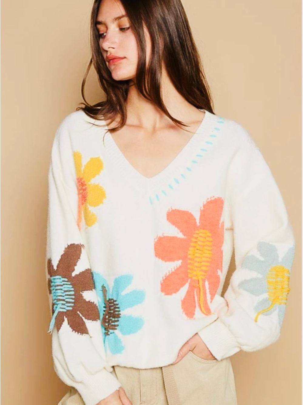 POL Cream V-Neck Sweater with Orange, Yellow, Turquoise & Brown Floral